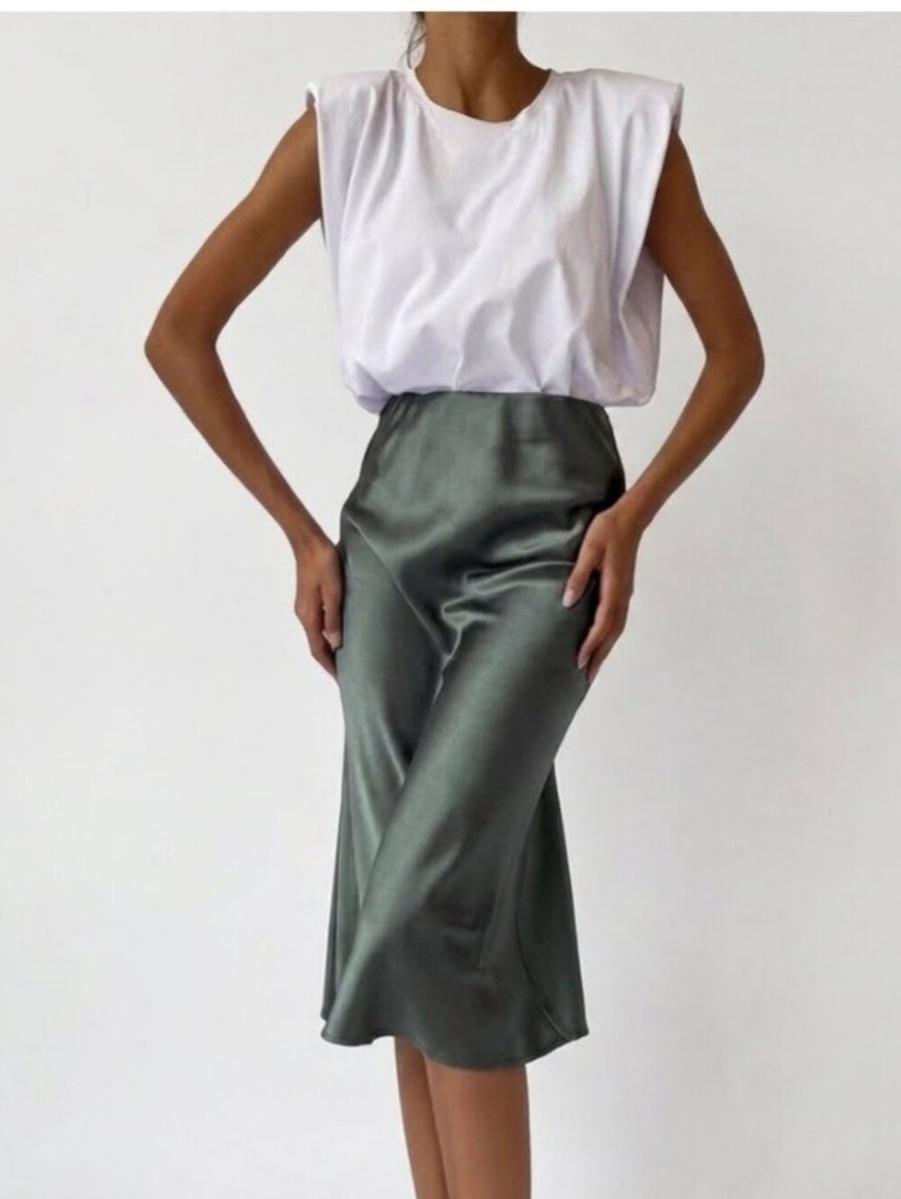 Glam Green Satin Midi Slip Skirt W/ Attached Cotton T Combo Dress Size M